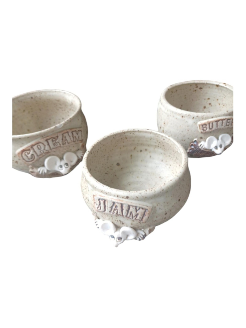 Vintage Pottery 3 piece serving cream butter jam with funny mouse signed